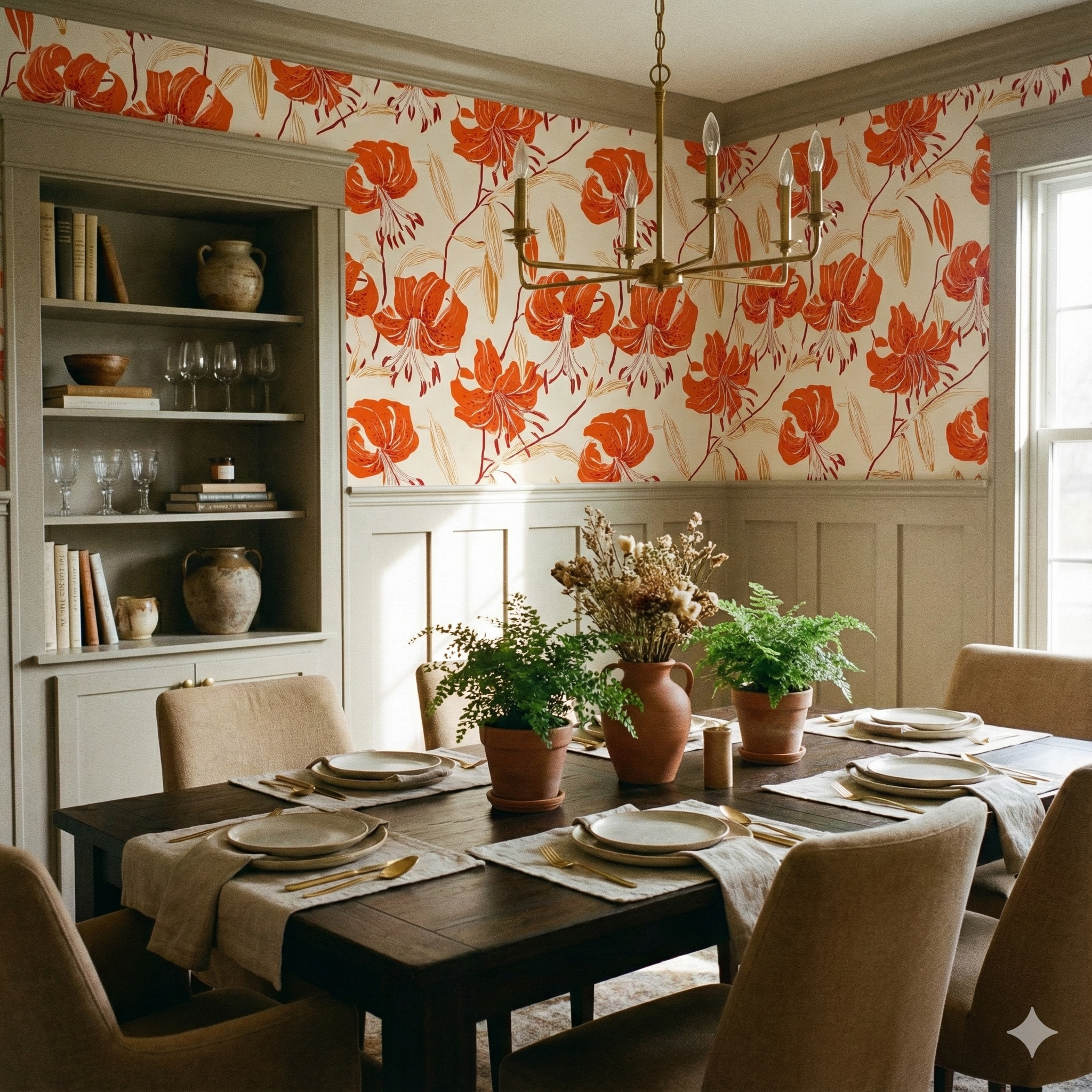 Floral wallpaper with orange lily pattern, by Wallshoppe, in a dining room with dark wood table and tan chairs.