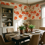 Floral wallpaper with orange lily pattern, by Wallshoppe, in a dining room with dark wood table and tan chairs.