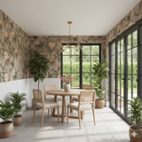 Pearl Finch Garden wallpaper with a floral pattern, showing pink and green hues.
