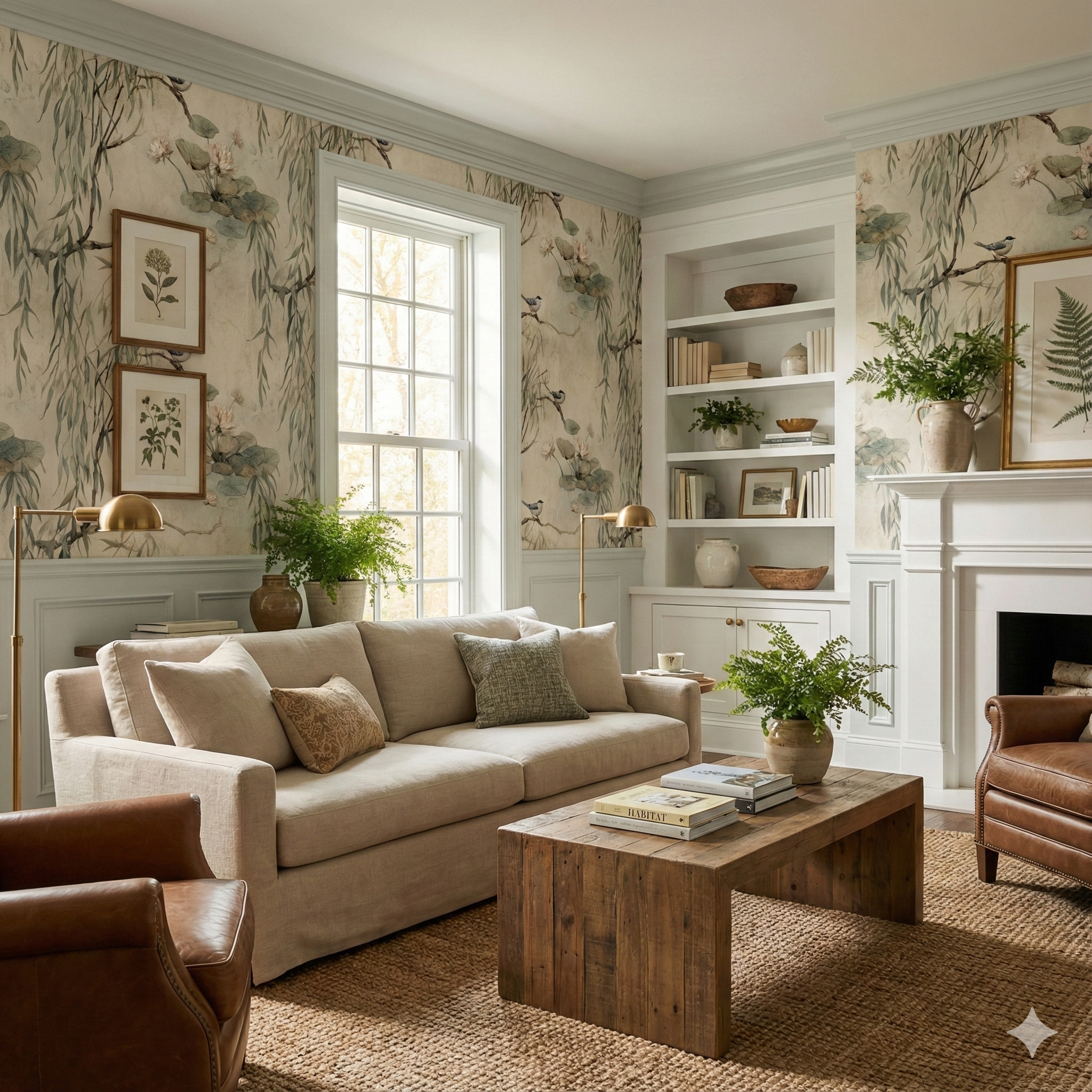 Willowshade Sanctuary wallpaper with willow and lotus pattern, shown in a styled living room.