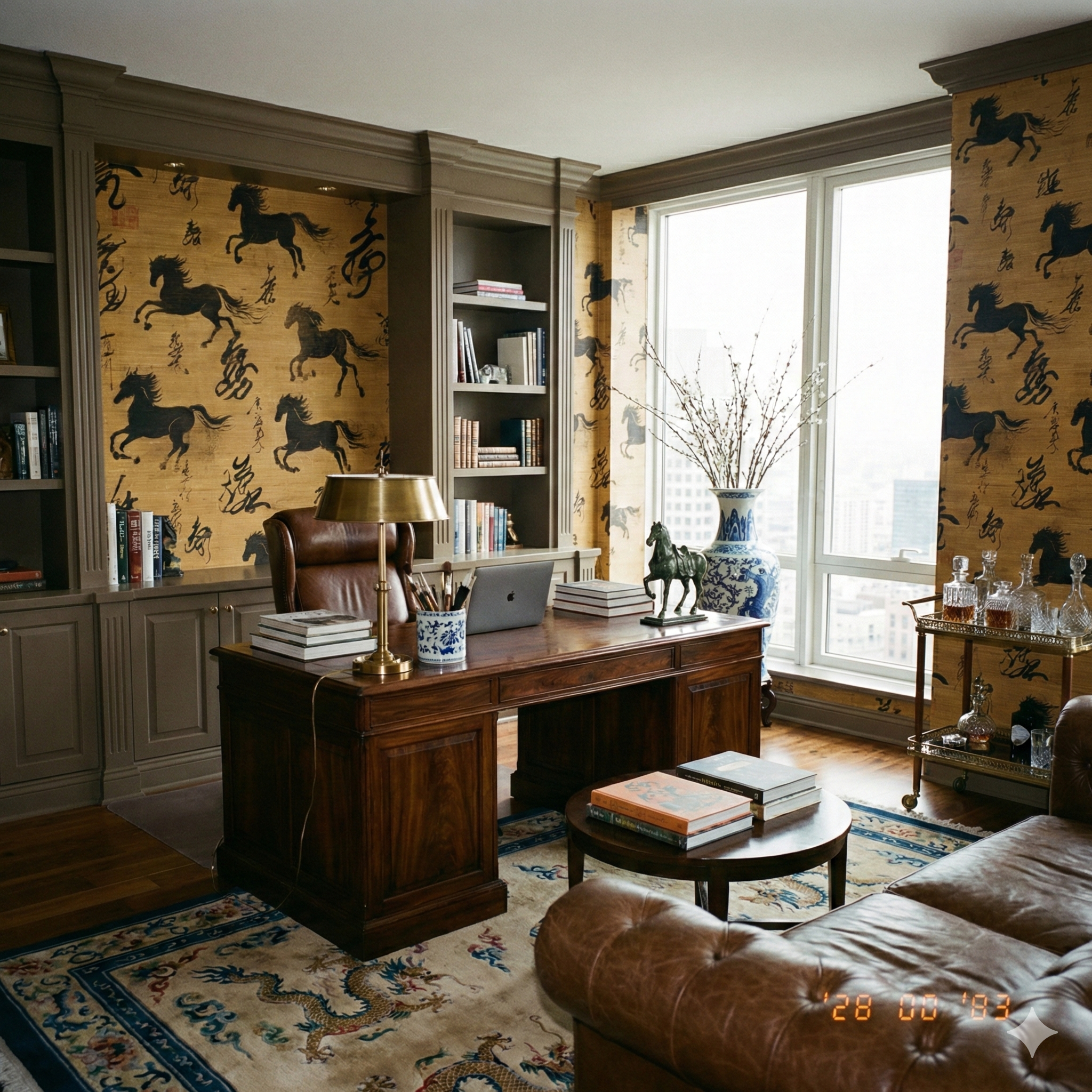 Han Dynasty Equus Wallpaper with horse motif and Asian calligraphy design in gold tones.
