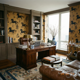 Han Dynasty Equus Wallpaper with horse motif and Asian calligraphy design in gold tones.
