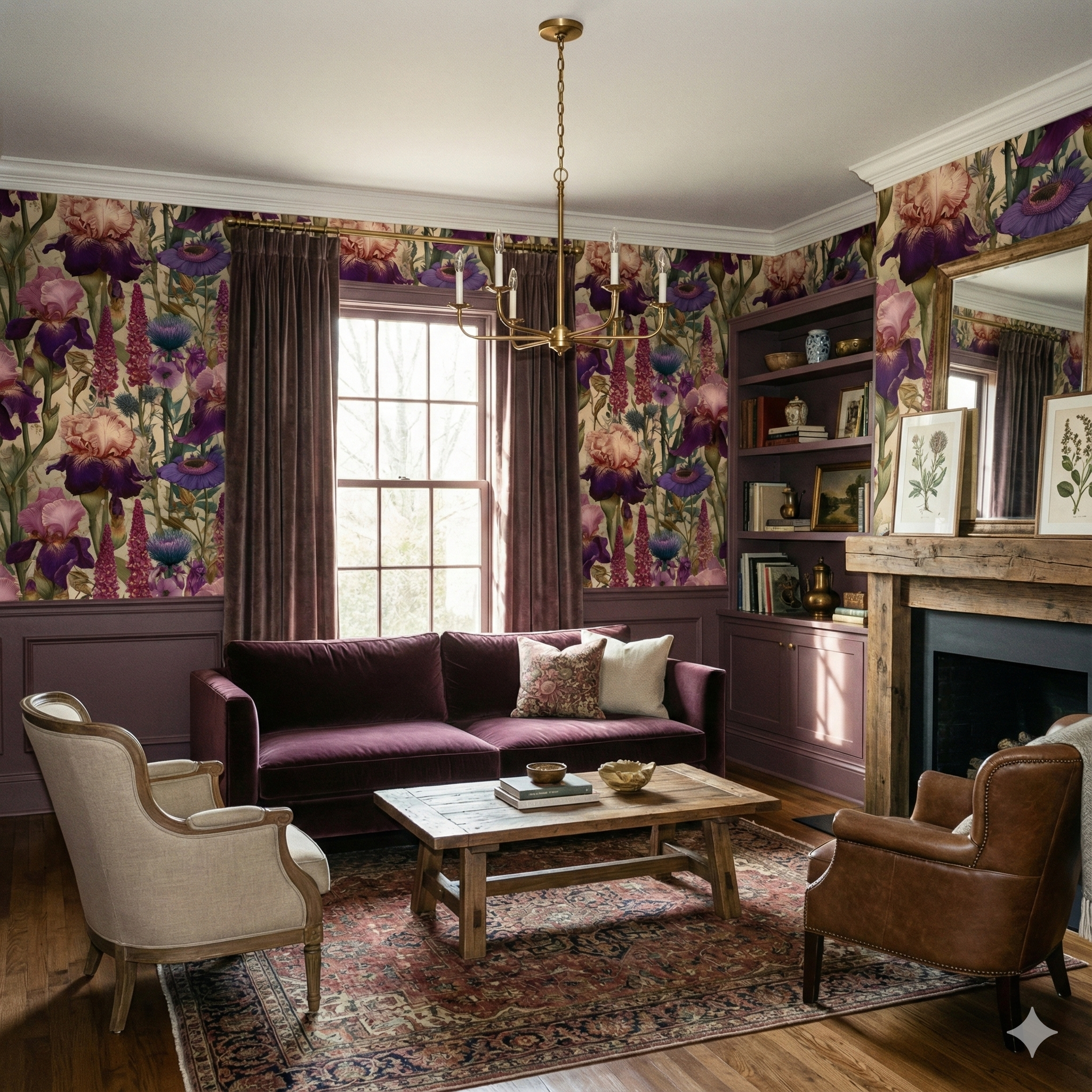 Floral wallpaper with botanical iris design from Thistledown, styled in a plum living room.
