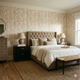 Botanical print wallpaper with muted stems pattern, decorative bedroom setting.