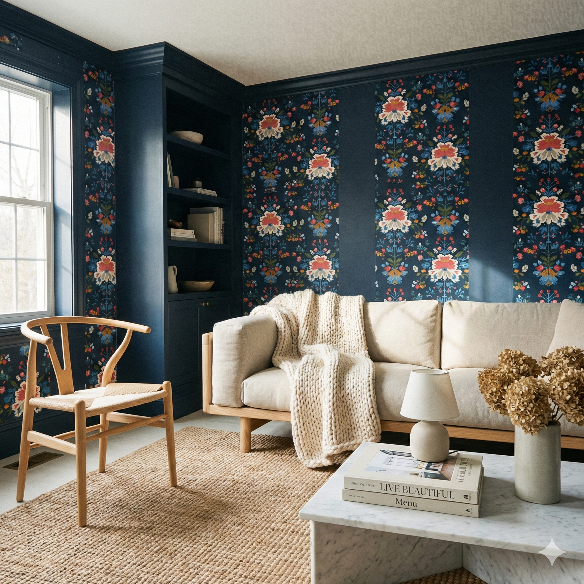 Floral wallpaper pattern from York Wallcoverings with blue background, shown in a styled living room.
