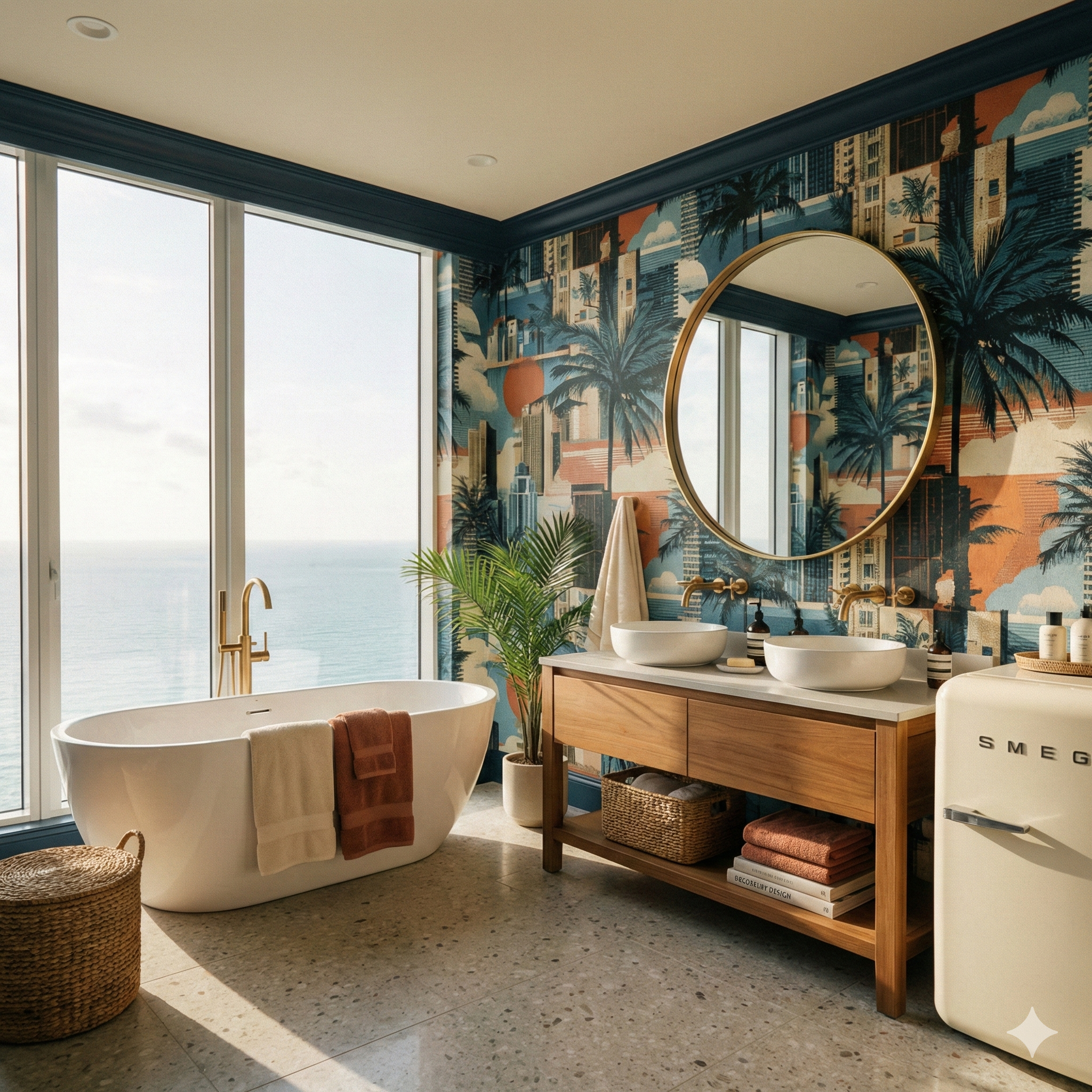 Palm and cityscape wallpaper with blue, beige, and orange hues, with tropical decor and modern fixtures.