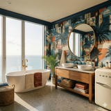 Palm and cityscape wallpaper with blue, beige, and orange hues, with tropical decor and modern fixtures.