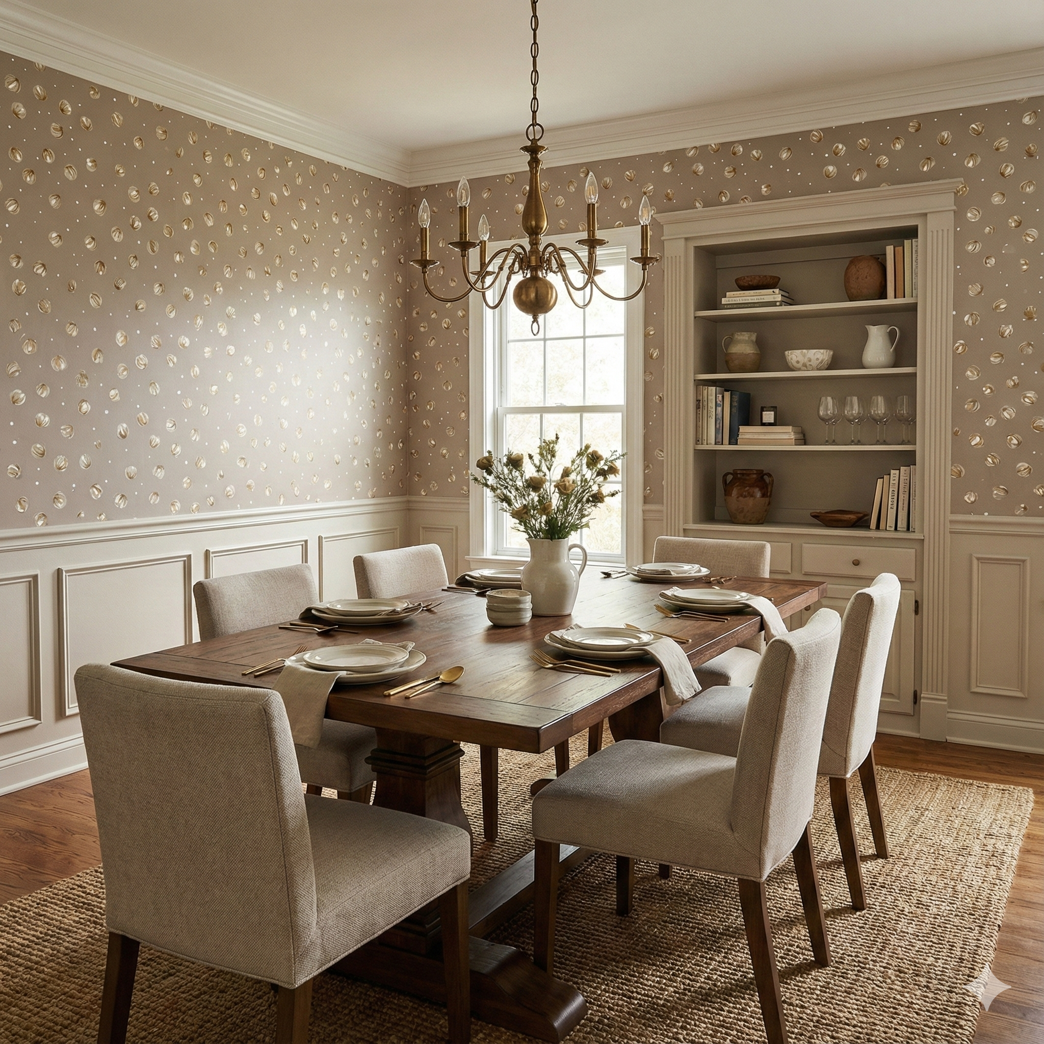 Elsinora Petals wallpaper with a floral pattern on taupe, adorning a dining room wall with wainscoting and built-in bookcase.