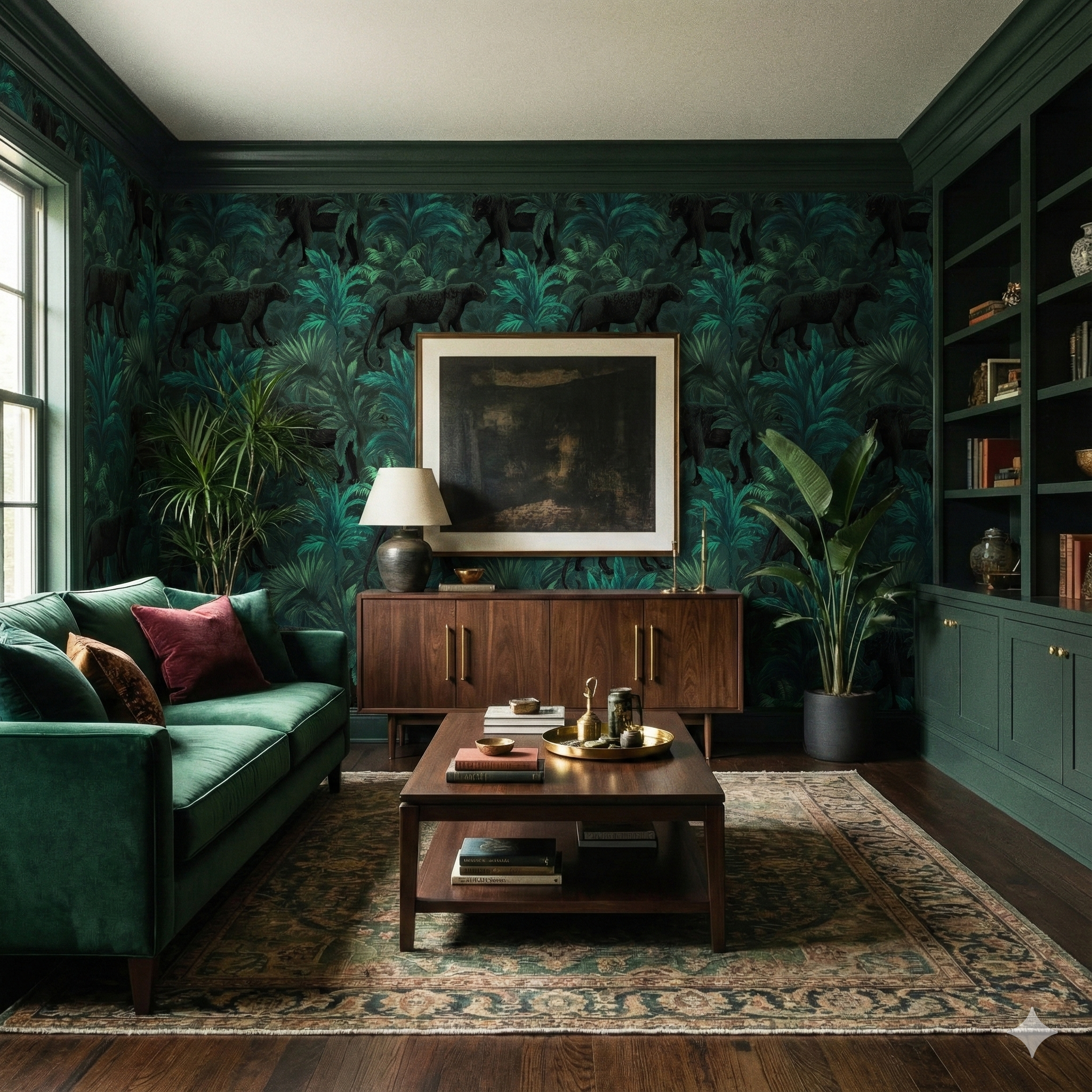 Patterned Blackthorn Mirage Wallpaper with jungle and panther design, in a green-toned living room.
