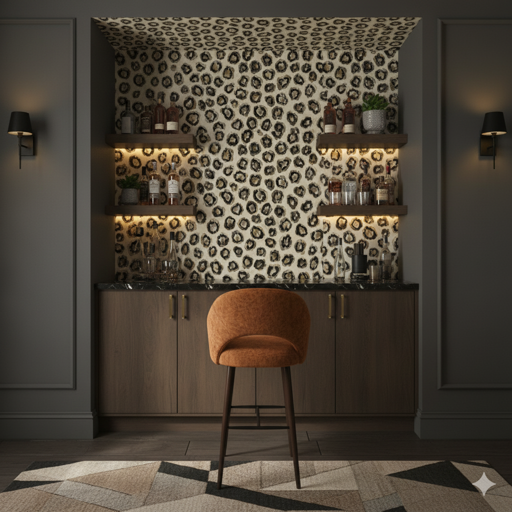 Ferox Marks wallpaper featuring a leopard print pattern on the walls of a contemporary bar setting.