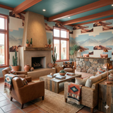 Mesa Fade Wallpaper showing a southwestern landscape design, tiled in a geometric pattern.
