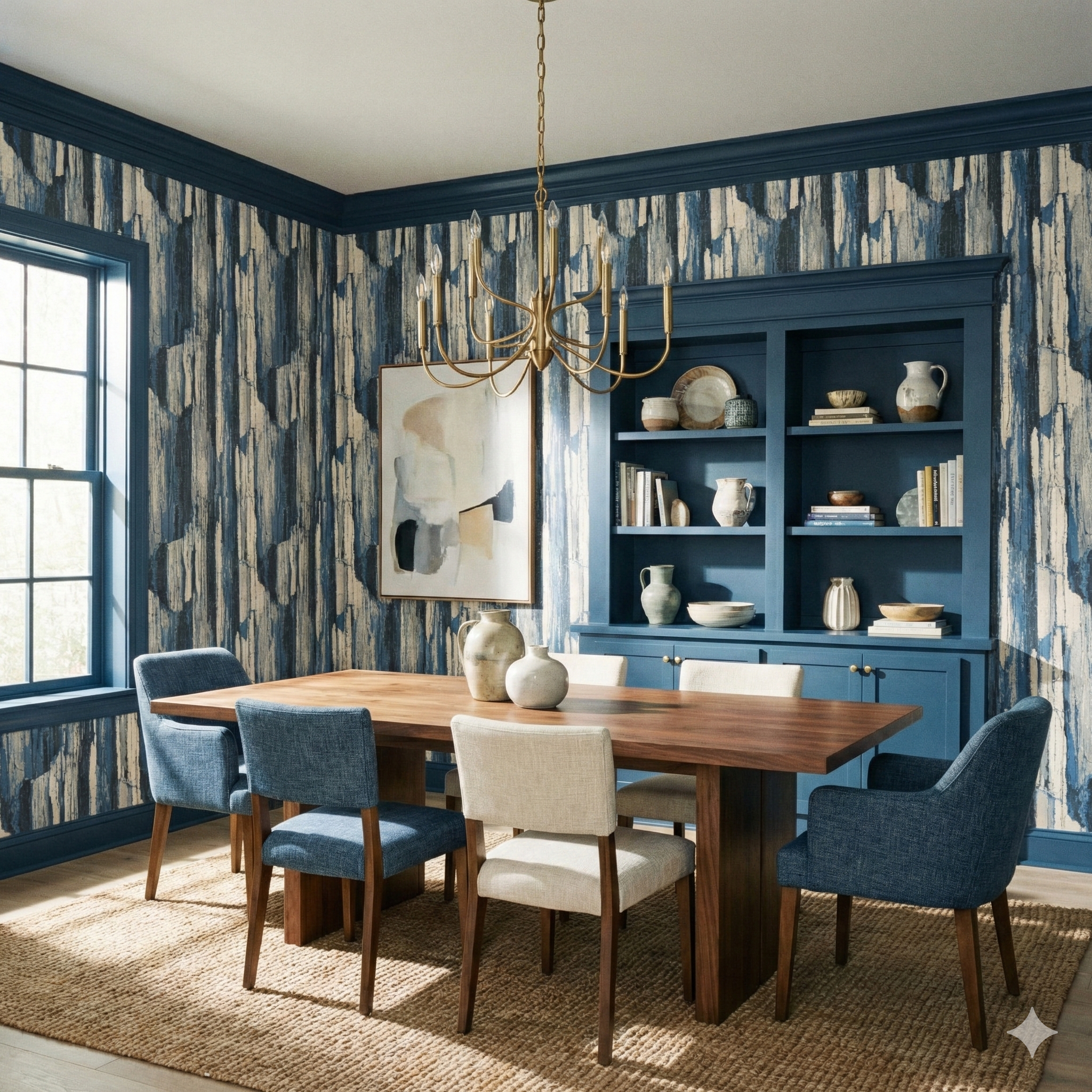 Tideland Strata Wallpaper with blue and white pattern on textured surface.