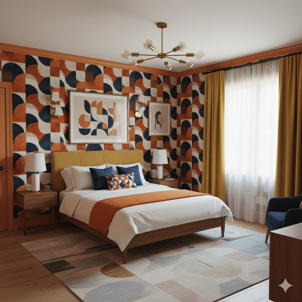 Vantage Curve Wallpaper in orange, white, and blue geometric pattern.

