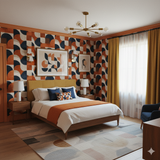 Vantage Curve Wallpaper in orange, white, and blue geometric pattern.
