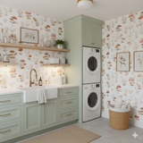 Mushroom-themed wallpaper with woodland pattern by RoomMates, adorning the walls of a laundry room setting.
