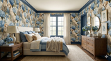 Hyacinth Reverie Wallpaper featuring dogs and floral patterns, alongside bedroom furnishings.