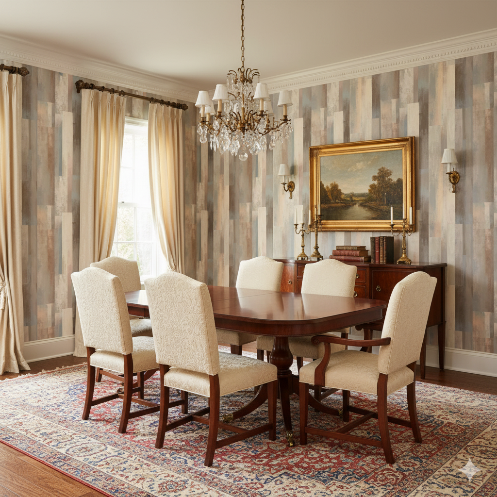 Mesa Plank Wallpaper with a vertical wood-plank pattern, showing a variety of neutral colors.
