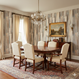 Mesa Plank Wallpaper with a vertical wood-plank pattern, showing a variety of neutral colors.
