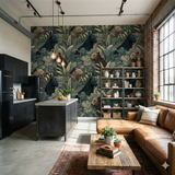 Green wildlands wallpaper with a leopard and jaguar pattern, no brand attribution.
