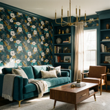 Verdure Nightfall wallpaper with a dark floral pattern on the walls of a living room.
