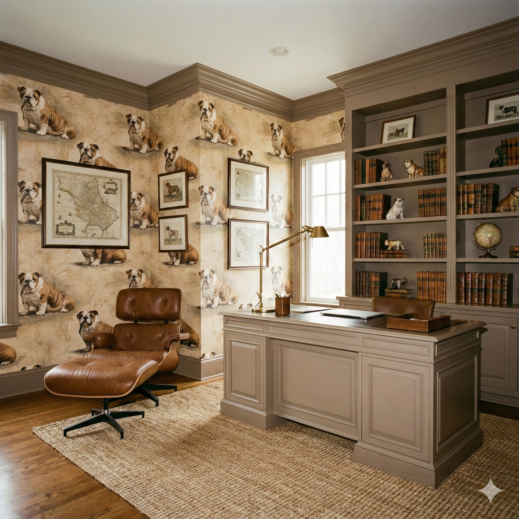 Textured wallpaper with bulldog pattern, from Regent's Quarry, inside a paneled study room with hardwood floors.