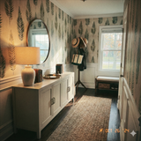 Verdant ledger wallpaper with fern pattern, covering the walls of an entry hall.
