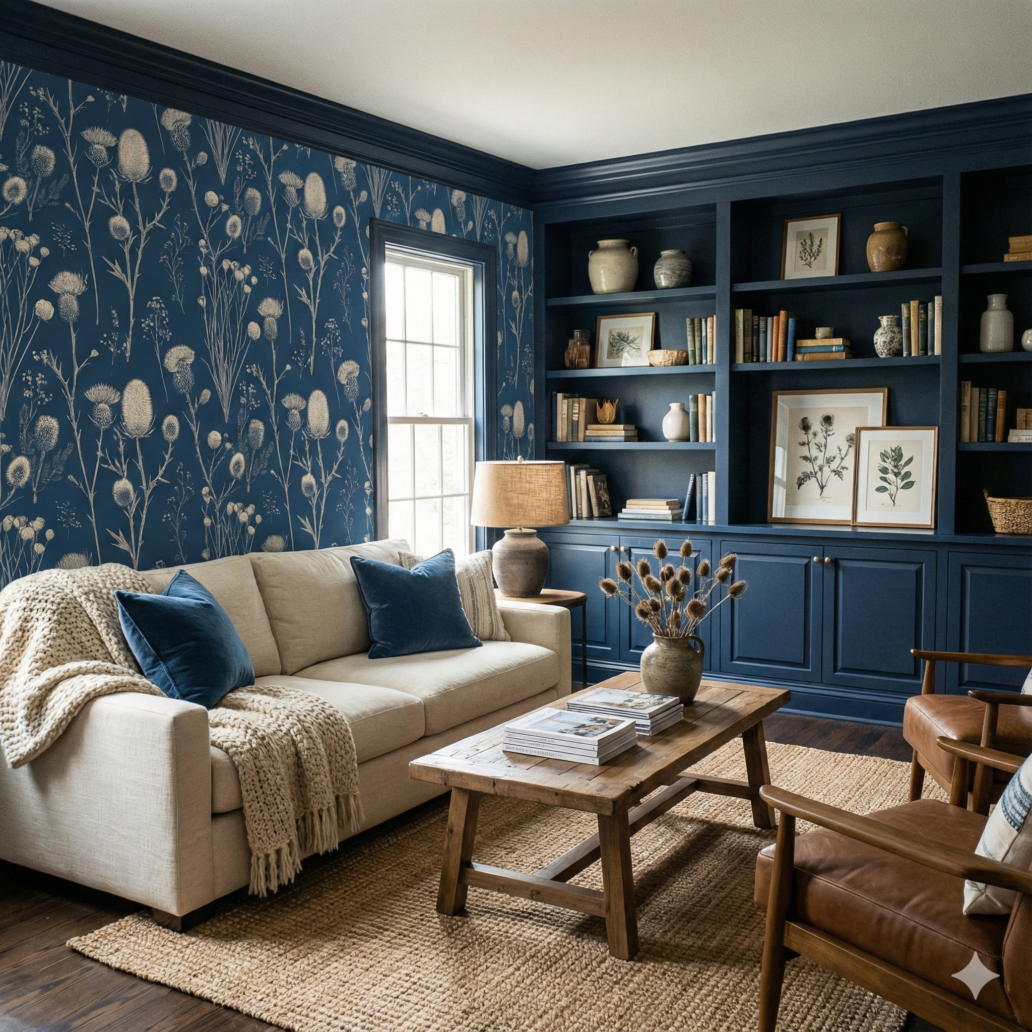 Botanical print wallpaper featuring a thistle pattern on a navy blue background.
