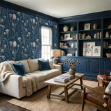 Botanical print wallpaper featuring a thistle pattern on a navy blue background.
