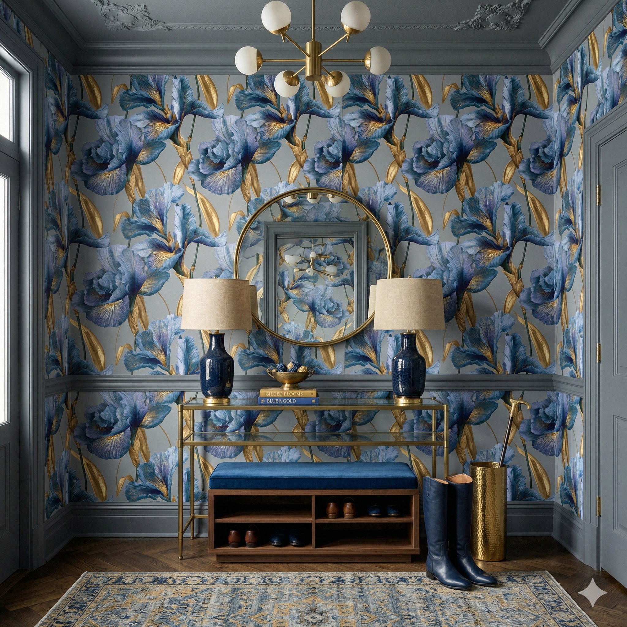 Celestine Gilded Iris wallpaper with blue and gold floral pattern, decorating a hallway with console table, lamps, mirror, and shoes.
