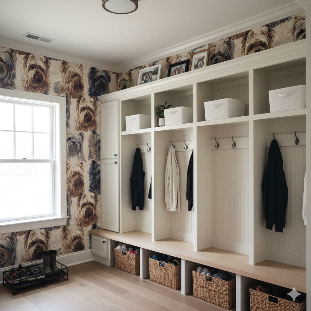 Park Row Wallpaper with a dog pattern, covering the mudroom walls.

