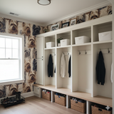 Park Row Wallpaper with a dog pattern, covering the mudroom walls.
