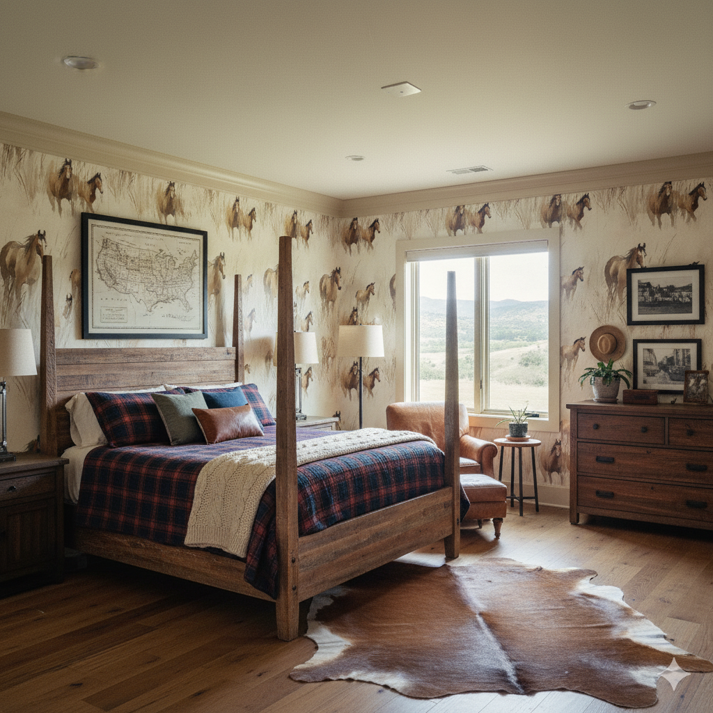 Prairiewind wallpaper featuring a horse pattern, adorning a rustic bedroom.