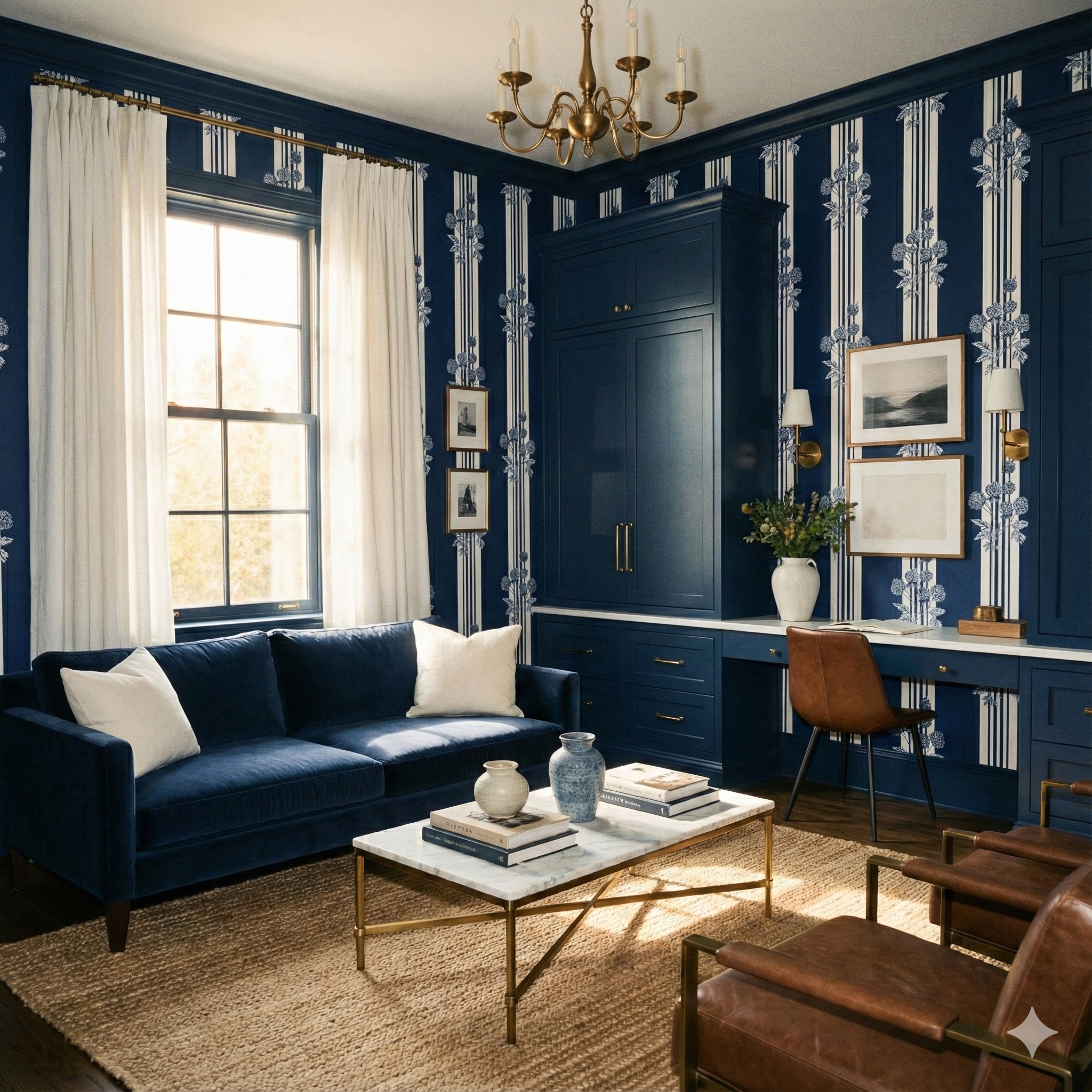 Midnight blue stripe wallpaper with floral accents on the walls.