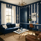 Midnight blue stripe wallpaper with floral accents on the walls.