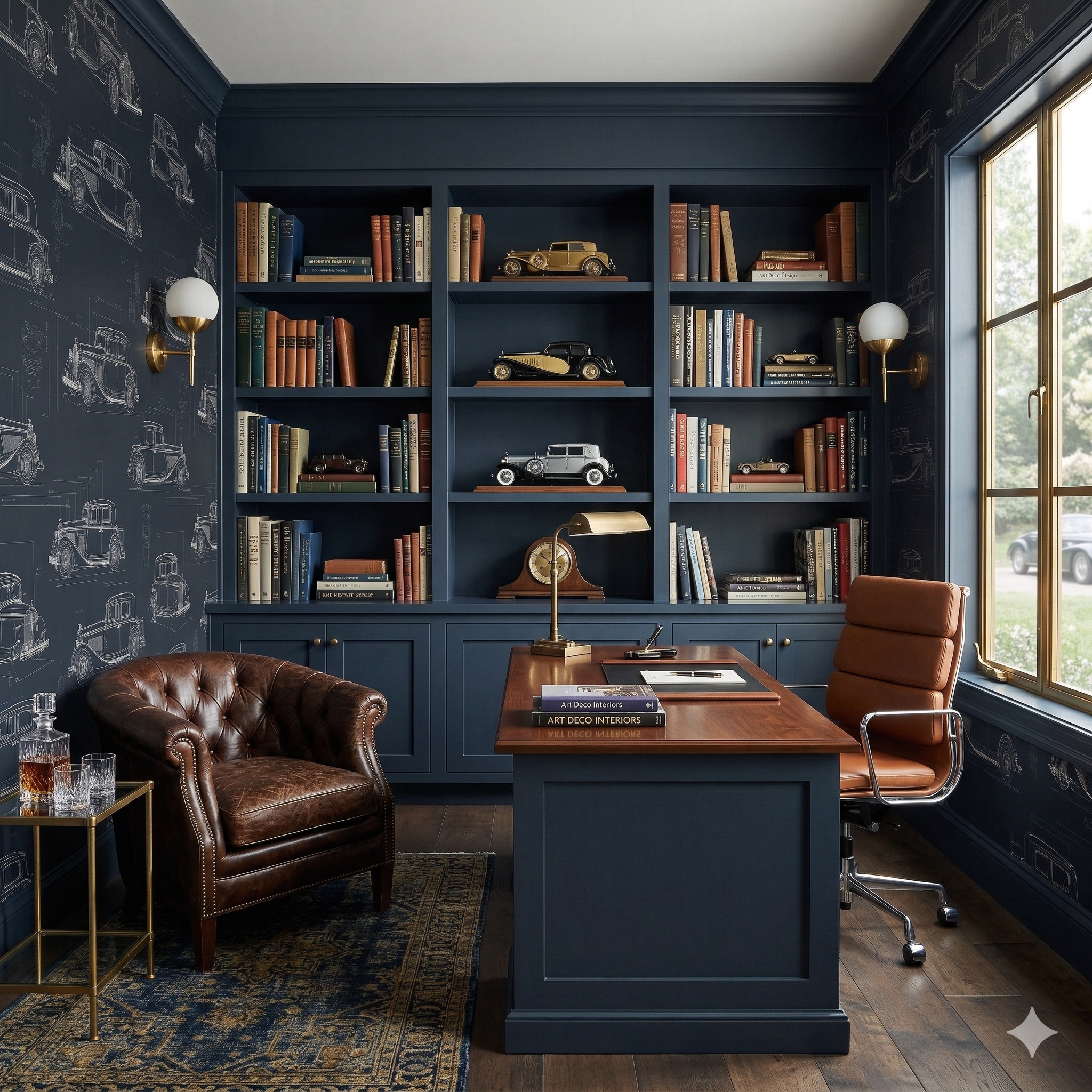 Aurelio Motor Archive Wallpaper featuring vintage car blueprint pattern, displayed on a dark blue accent wall.

