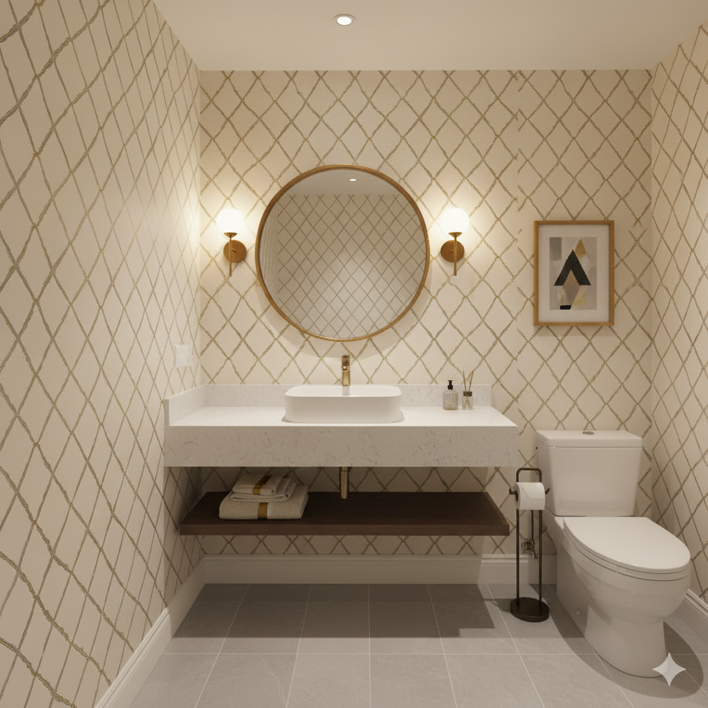 Gilded Trellis Wallpaper featuring a rope-like pattern, installed in a stylish powder room with round mirror, sconces, and white fixtures.
