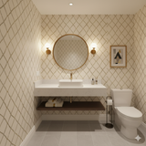 Gilded Trellis Wallpaper featuring a rope-like pattern, installed in a stylish powder room with round mirror, sconces, and white fixtures.

