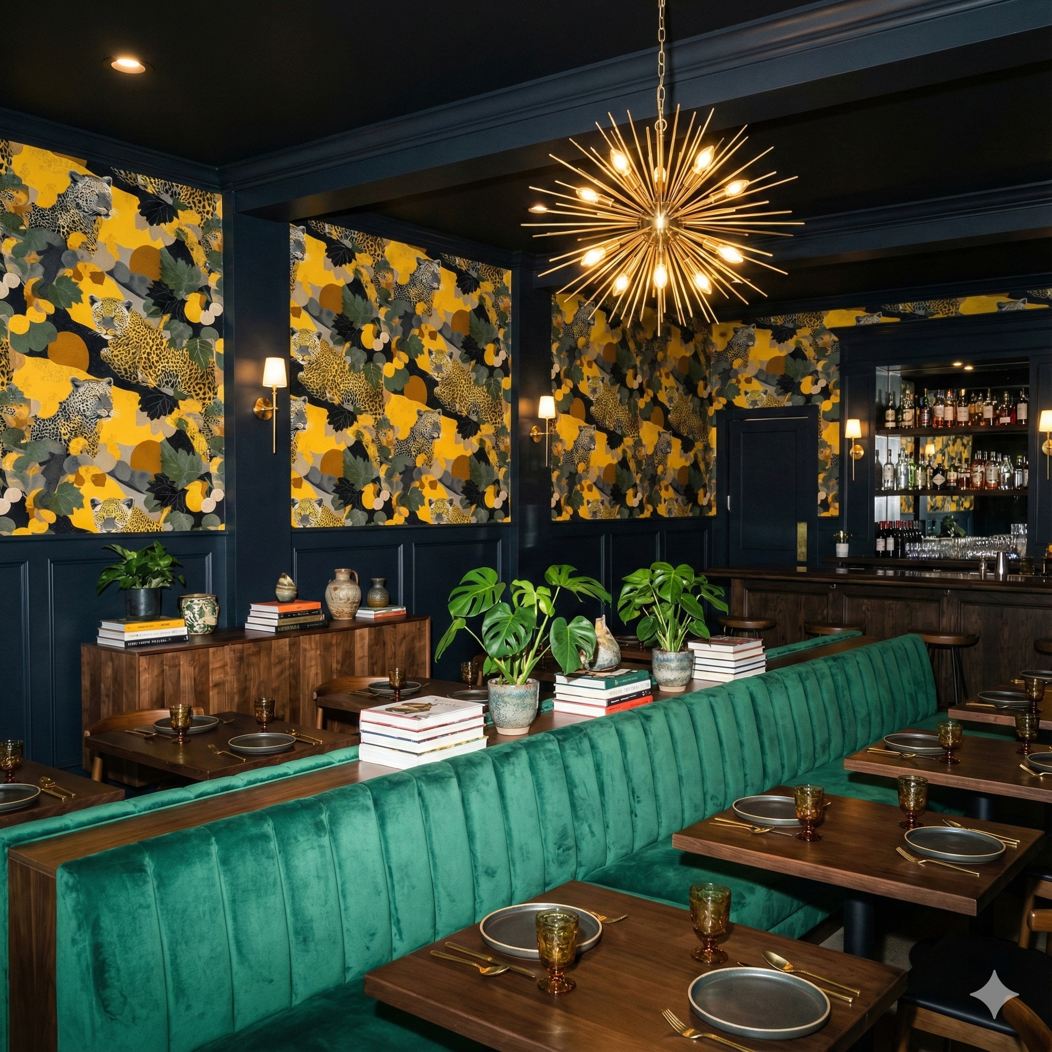 Leopard print wallpaper with yellow background by [Vendor] featuring green accents in a dark-walled restaurant.