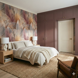 Feather-patterned wallpaper, Cinderdown Quill Wallpaper, in shades of beige, gray, and mauve.
