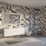 Aurielle Veins Wallpaper with gold and gray marbled pattern, decorating a modern bathroom scene.
