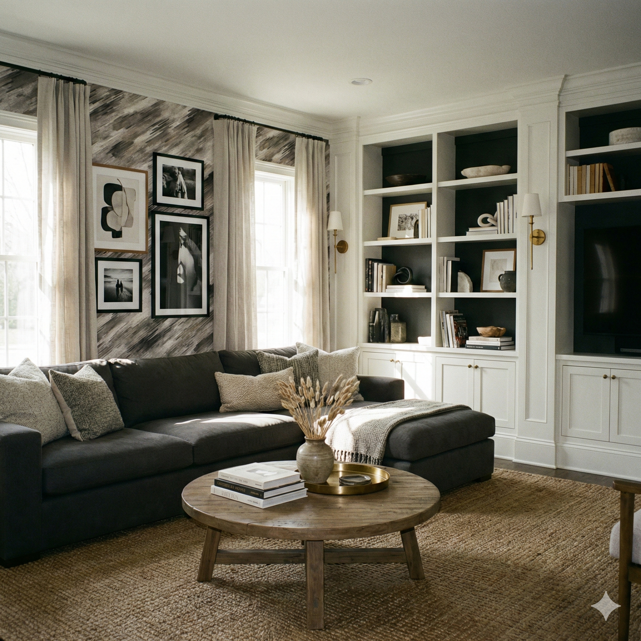 Stonegrain Drift wallpaper with a wood grain pattern, visible on a wall behind living room furniture.