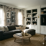 Stonegrain Drift wallpaper with a wood grain pattern, visible on a wall behind living room furniture.