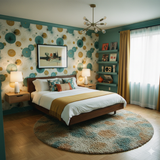 Modern patterned wallpaper by York Wallcoverings, featuring blue and gold orb designs on a white background.