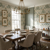 Floral patterned wallpaper with botanical prints on an accent wall.