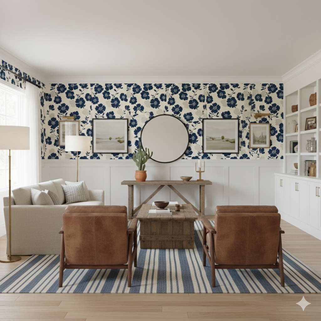 Noctis Bloom wallpaper featuring a blue floral pattern, seen in a living room setting.

