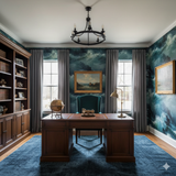 Tempest Ridge Wallpaper with a blue and teal ocean wave pattern, covering the walls in a styled office.
