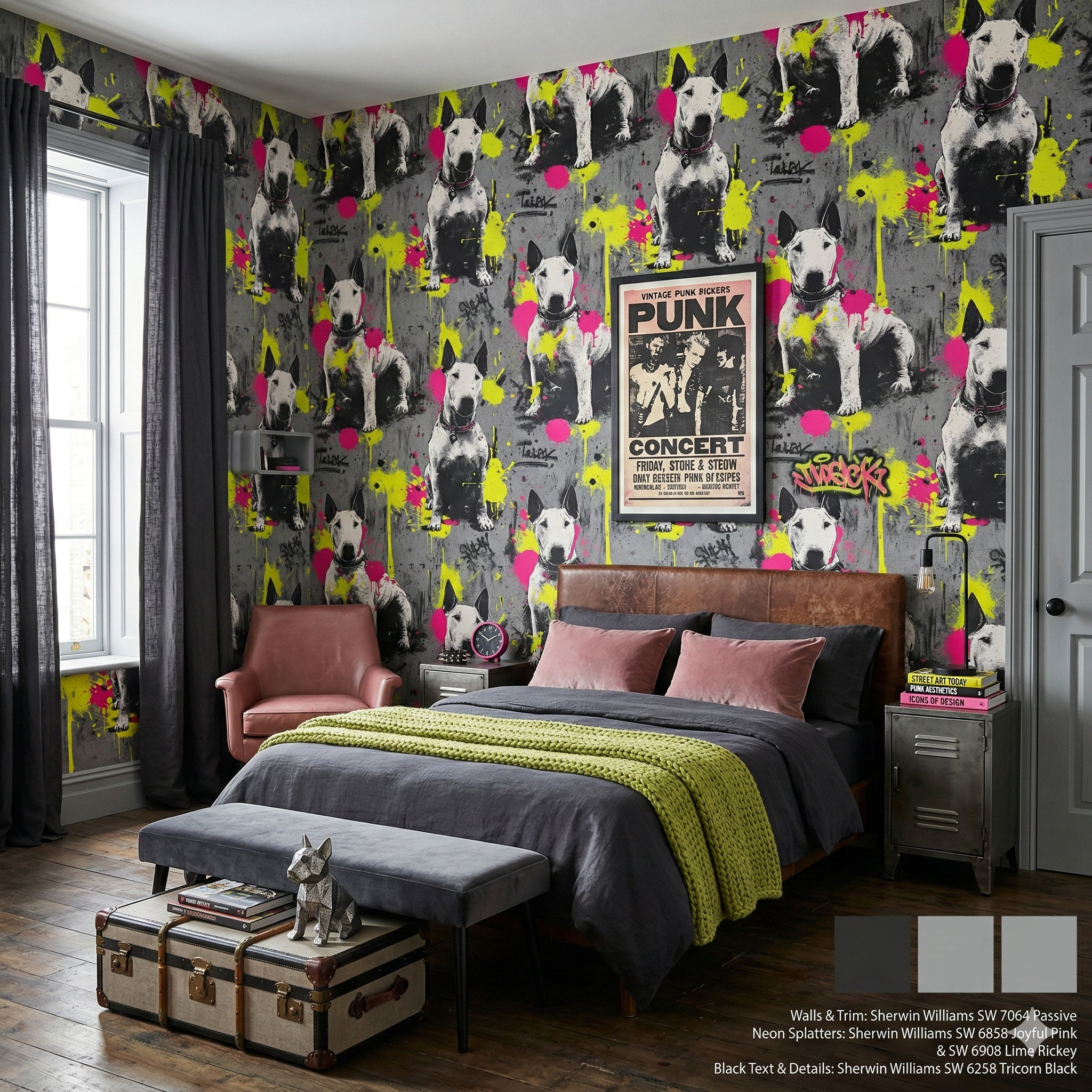 Graffiti Terrier Wallpaper with a gray background, decorated with neon splatters and Bull Terrier dog patterns.
