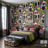 Graffiti Terrier Wallpaper with a gray background, decorated with neon splatters and Bull Terrier dog patterns.
