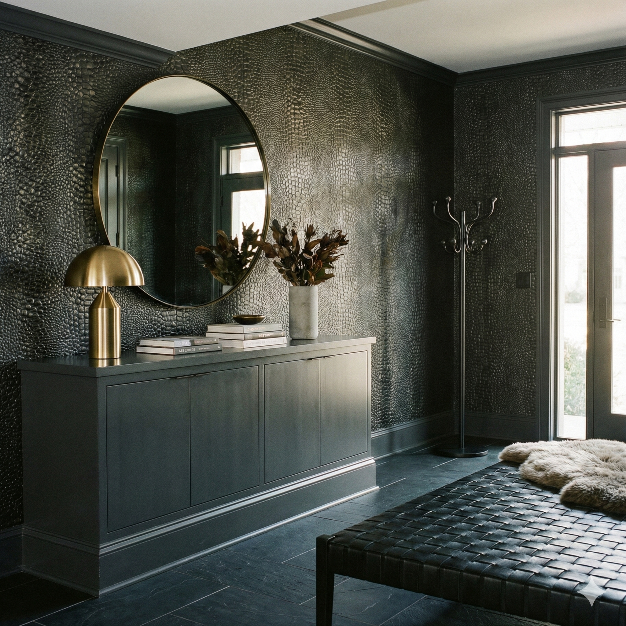 Gunmetal hide wallpaper, textured with an alligator-skin pattern.
