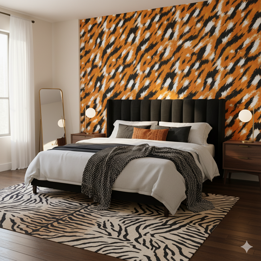 Bengara Flame wallpaper with an orange, black, and white animal print pattern covering a bedroom wall.